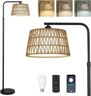 Rayofly Állólámpa Távirányítóval - Rattan Boho Állólámpa LED Izzóval, Alkalmazásvezérléssel, Rattan és Lenvászon Lámpaernyővel Nappali és H