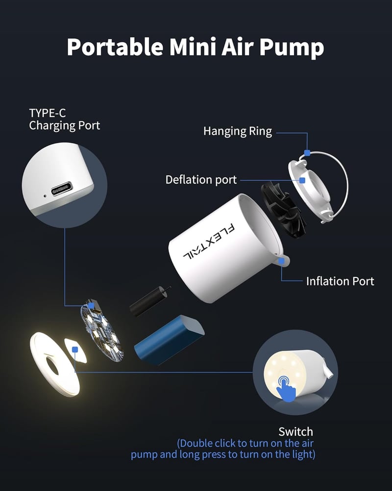 FlexTailGear Mini Pumpa 2024: 4kPa Elektromos Felfújó és Leeresztő Kempingpumpa Lámpával, USB-s