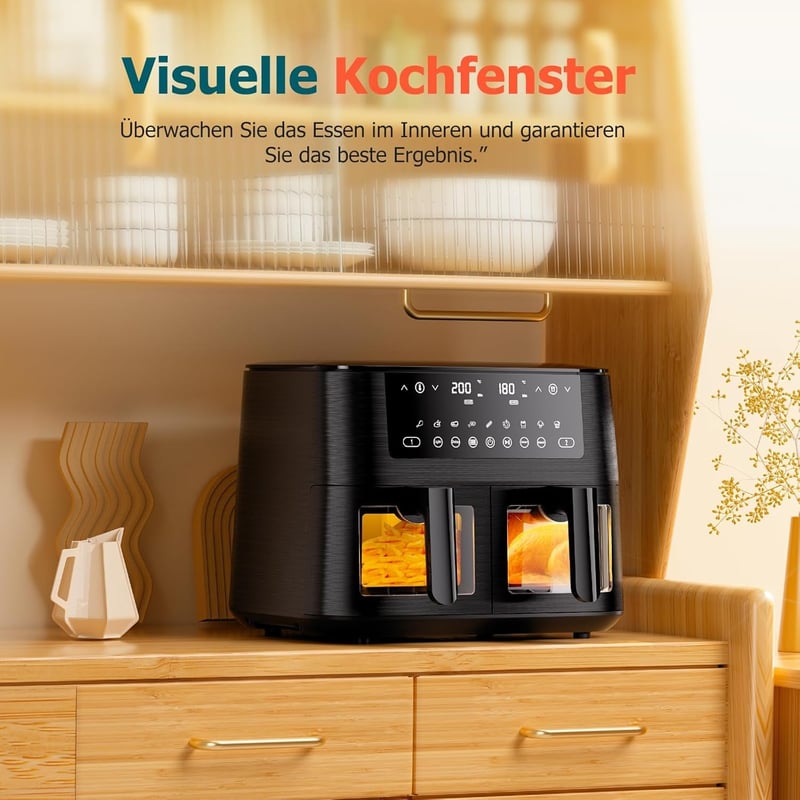 Cookwise 9L Dupla Fiókos Forrólevegős Sütő - 9-in-1 Főzési Mód, Betekintő Ablak, Érintőképernyő, Olajmentes Egészséges Sütés, Időzítő, 2570W
