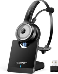TECKNET Bluetooth Fejhallgató Mikrofonnal és USB Adapterrel - 45 Órás Üzemidő, 10m Hatótáv, AI Zajszűrés, Töltőállomás, Irodai Headset - 2-black, Bluetooth + USB dongle + charging station 1