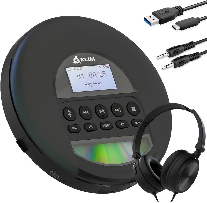KLIM Nomad Hordozható CD Lejátszó Bluetooth - Hosszú Üzemidejű Akkumulátor, Fülhallgatóval, CD-R/RW/MP3, TF Kártyaolvasó, FM Rádió - Autóba 