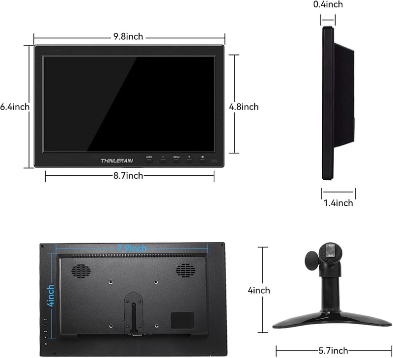 Thinlerain 10.1" IPS Monitor - 1366x768 Felbontású Kompakt Kijelző HDMI/VGA Csatlakozással, Beépített Hangszórókkal, Laptophoz és Számítógép
