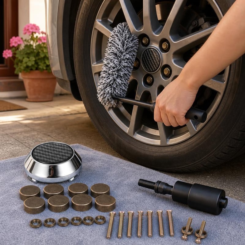 Set za njegu naplataka: 1x čep 64 mm + 8x ukrasni vijak + četka za felge + alat za osovinu