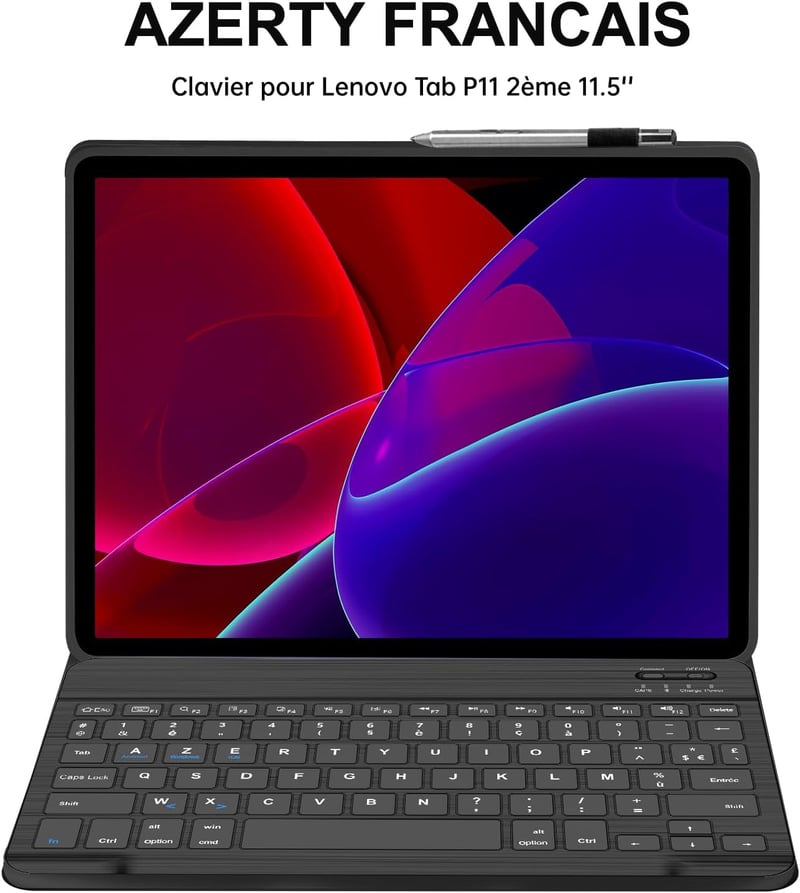 SENGBIRCH Bluetooth Billentyűzetes Tok Lenovo Tab P11 2 Gen 11.5" Tablethez - Levehető AZERTY Francia Billentyűzet, Védőtok, Fekete