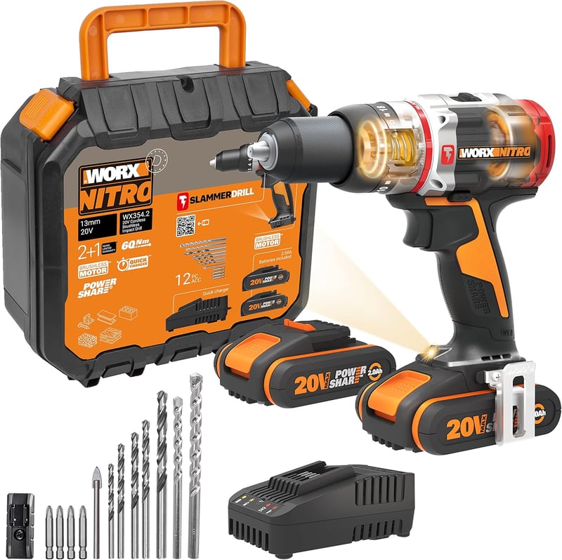 Worx 20V Akkumulátoros Ütvefúró-Csavarozó - Szénkefe Nélküli Motor, 60Nm Nyomaték, 2000 RPM, 2db 2.0Ah Akkuval, Fúrószár Készlettel, Fához, 