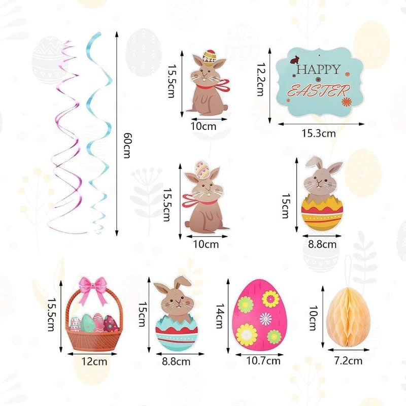 Húsvéti Spirál Dekoráció 23db - Nyuszi és Tojás Mintás Függő Szett