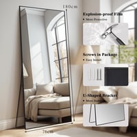 LunaMirror Teljes Alakos Tükör 180x76 cm - Álló Padlótükör Hálószobába, Nappaliba - Fekete Fali Tükör Alumínium Kerettel 2