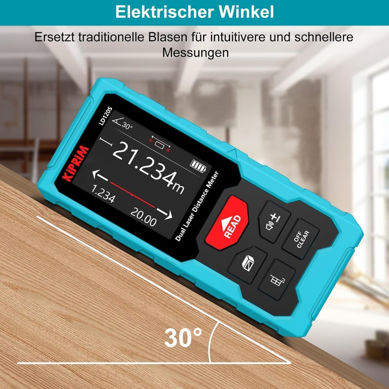 Kiprim LD120S Lézeres Távolságmérő 120m Hatótávval - Elektronikus Vízmértékkel, Pitagorasz Funkcióval, Kettős Lézerrel - Építkezéshez, Felúj