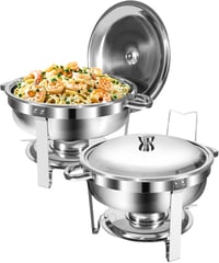 WENMILY Rozsdamentes Acél Ételmelegítő Szett 5L - 2 db Kerek Ezüst Chafing Dish Tálalóedény Gördülő Élekkel - Partikra, Büfékre, Rendezvénye 1