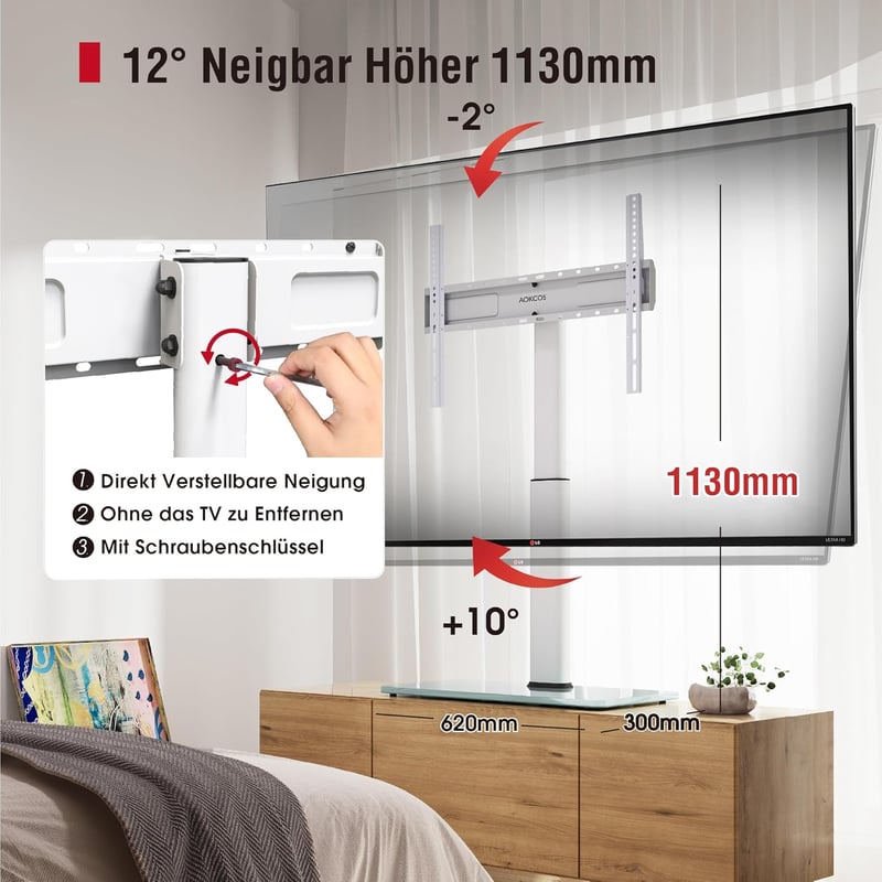 AOKCOS TV Állvány 1130 mm 43-75-85 Colos Televíziókhoz - Dönthető, Forgatható, Állítható Magasságú Univerzális Tartó, VESA 600x400mm, 50kg T