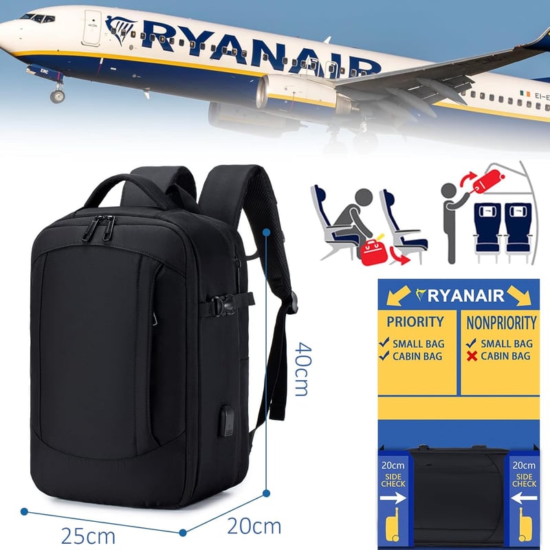 SUCIKORIO Bővíthető Repülős Hátizsák 40x20x25 - Laptoptartós, USB-s, Ryanair Kompatibilis