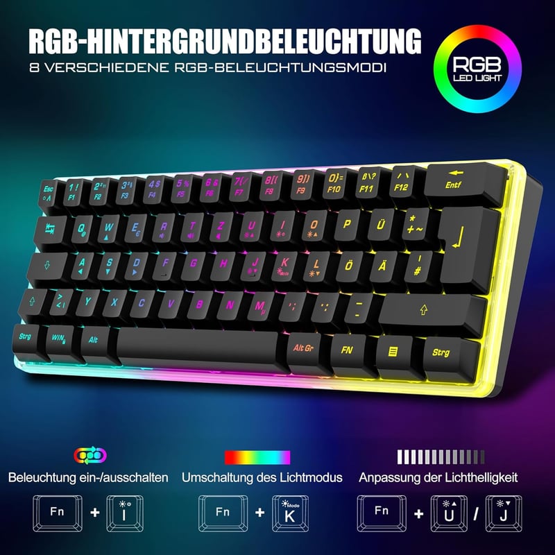 RedThunder K62 60% Vezeték Nélküli Gamer Billentyűzet és Egér Szett, QWERTZ DE Kiosztás, Újratölthető, Méhsejt Kialakítású Ultrakönnyű Egérr - Black