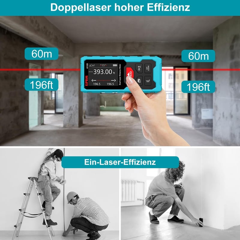 Kiprim LD120S Lézeres Távolságmérő 120m Hatótávval - Elektronikus Vízmértékkel, Pitagorasz Funkcióval, Kettős Lézerrel - Építkezéshez, Felúj