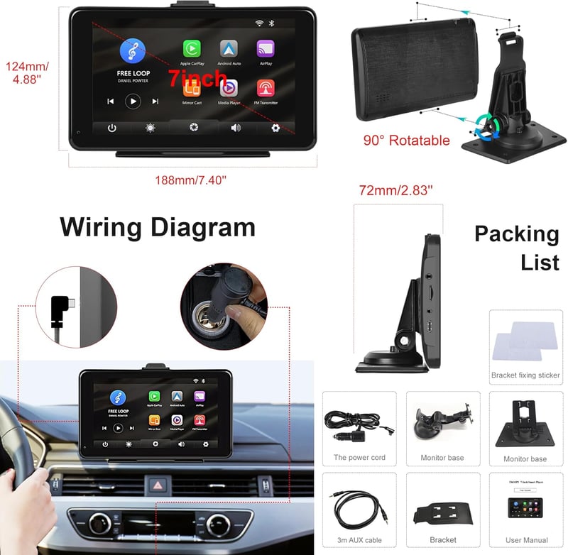 Rimoody Vezeték Nélküli CarPlay és Android Autórádió, 7" Érintőképernyős, Dual Bluetooth, FM Adó, Hangvezérlés, AUX/USB/TF, 7-32V