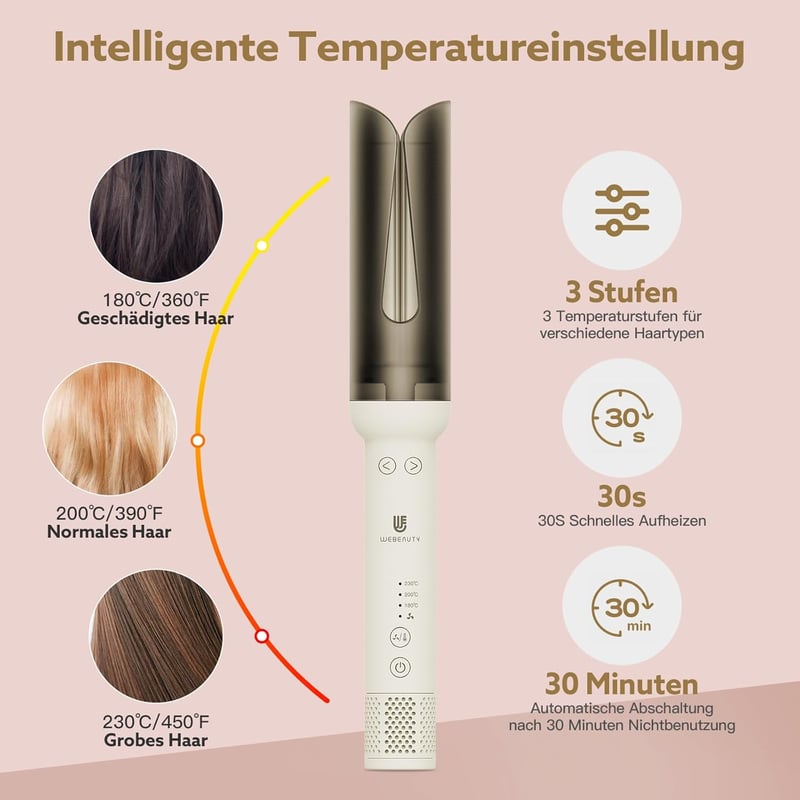 Webeauty Automata Hajgöndörítő - Légáramlásos, Égésvédett, 180°-230°C, Kerámia, 34mm