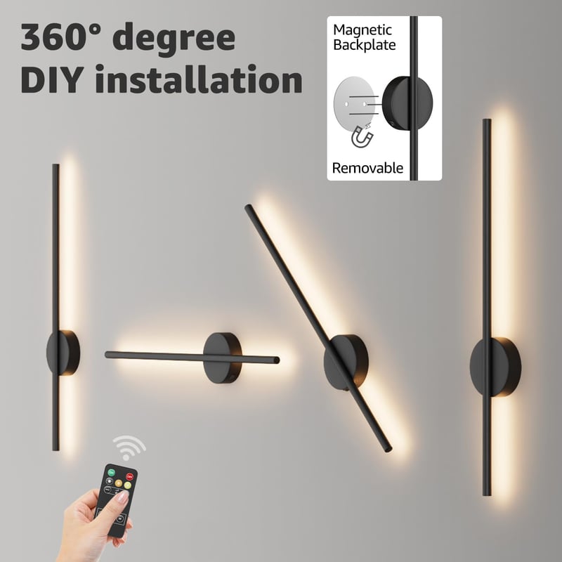 Aipsun Akkumulátoros Fali Lámpa 10000 mAh - 80 cm Távirányítós LED Világítás Időzítővel, Fényerőszabályzóval, Vezeték Nélküli Modern Fekete 