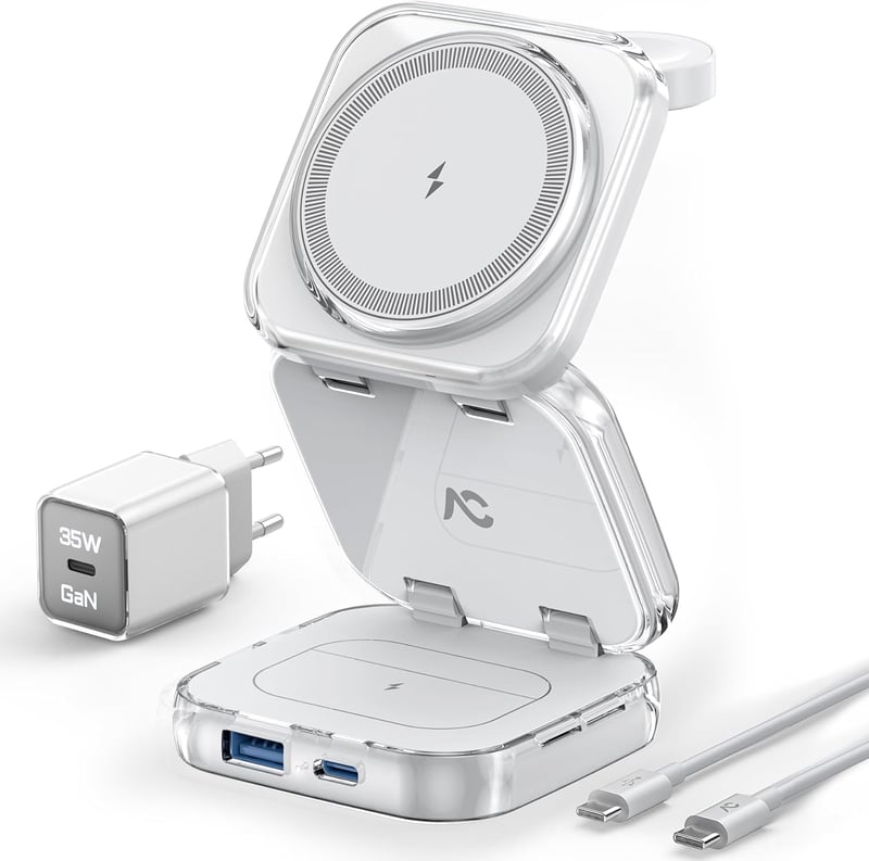 AC ISLAND 5 az 1-ben MagSafe Töltőállomás iPhone és Apple Watch Készülékekhez - Összecsukható Vezeték Nélküli Utazó Töltő USB-C/USB-A Portok