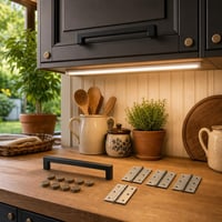 Pachet renovare bucătărie: 2 mânere negre + LED 80cm + 8 capace bronz + 4 balamale 1