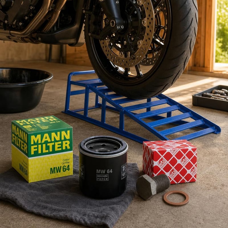 Kit schimb ulei moto: 1x filtru ulei + 1x rampă auto + 1x șurub baie ulei cu garnitură