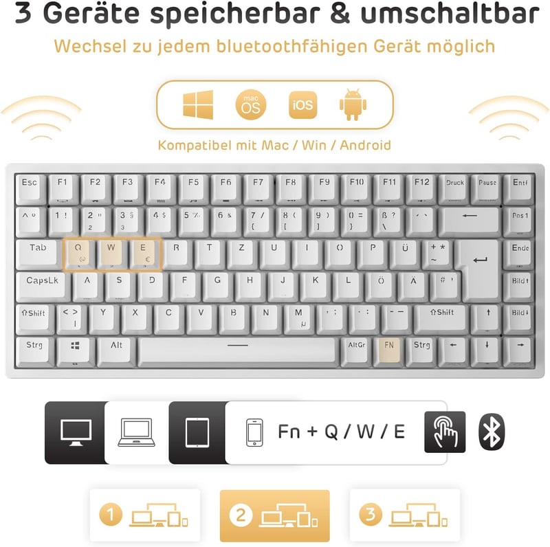 RK ROYAL KLUDGE RK84-DE 75% Kompakt Mechanikus Gamer Billentyűzet, TKL, Kék Kapcsolók, RGB Háttérvilágítás, Bluetooth, 2.4 GHz, Mac és Windo
