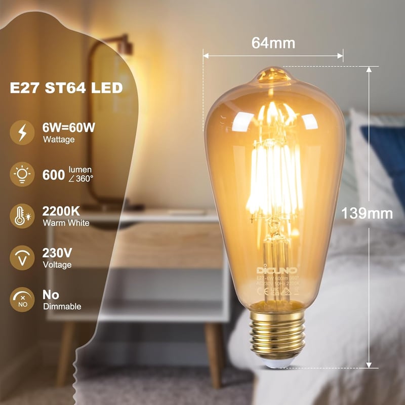 DiCUNO Edison Vintage LED Izzó E27 Foglalattal - ST64 Filament, 6W, 2200K Meleg Fehér, 600 Lumen, Retro Dekoratív Lámpa Otthonba, Kávézóba, 