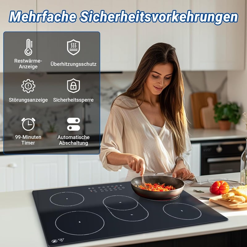 AMZCHEF Beépíthető Üvegkerámia Főzőlap 77 cm - 5 Zónás, Ovális és Tripla Főzőfelülettel, 9 Teljesítményszinttel, Időzítővel, Biztonsági Zárral