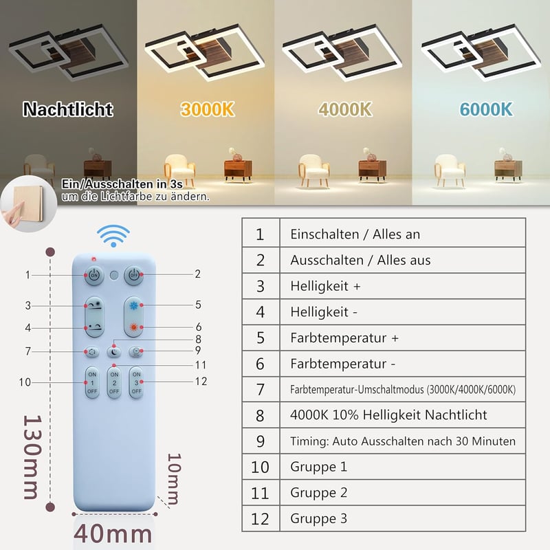 SEATAIN Fa Mennyezeti LED Lámpa - Fekete Geometrikus Dizájn, 40 cm, Távirányítós, Fényerő Szabályozás, 3000-6000K Színhőmérséklet, Éjszakai 