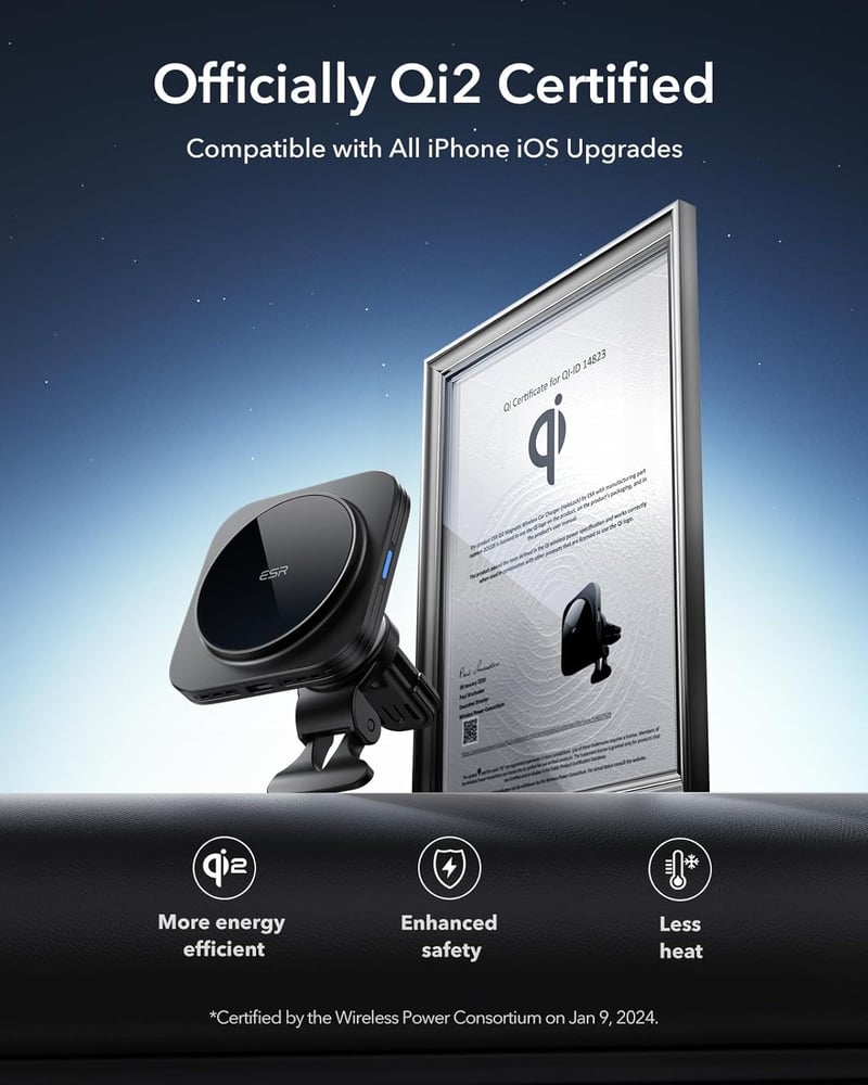ESR 15W MagSafe autós töltő iPhone 15/14/13-hoz, Qi2 tanúsított, fekete