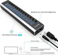 RSHTECH 13 portos USB 3.2 hub aktív tápegységgel, 10Gbps adatátvitel, alumínium 5