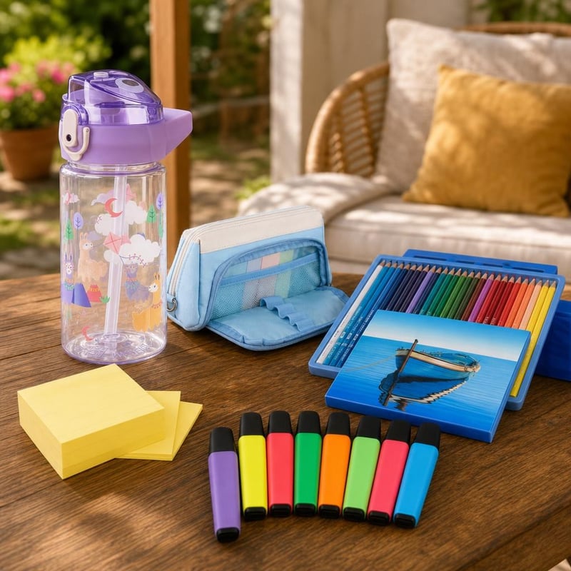 Set rechizite școlare: 500ml sticlă + penar + 36 creioane colorate + 6 blocuri notițe + 8 markere