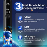 DADA-TECH Elektromos Gyerek Fogkefe 3-12 Éveseknek - Űrhajós Fekete, 3 Tisztítási Mód, Időzítő, Szokásformáló Matricák, Újratölthető 4