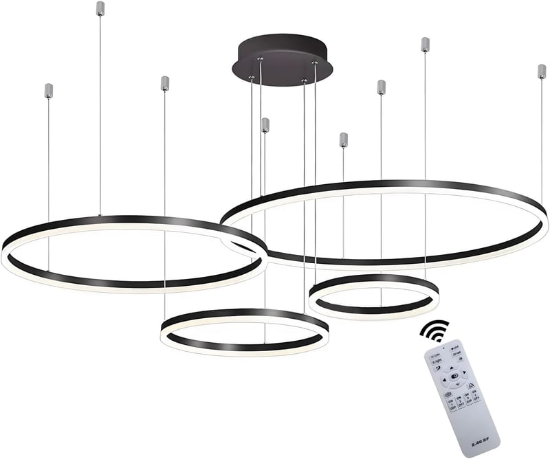 YYUTLUO Modern LED Csillár - 4 Fekete-Arany Gyűrű (20+40+60+80cm), 100W, Távirányítható, Fényerőszabályozható Mennyezeti Lámpa Nappaliba