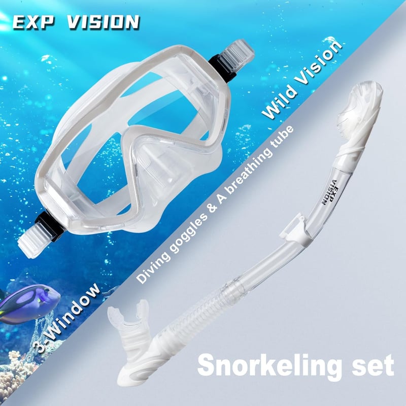 EXP VISION Száraz Légzőcsöves Búvárszett - 3 Ablakos Panoráma Maszk Párásodásgátló PC Lencsével és Vízálló Sznorkellel Felnőtteknek