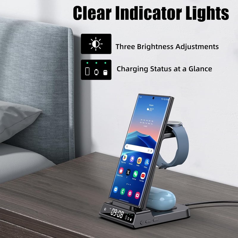 Samsung 3 az 1-ben vezeték nélküli töltőállomás Galaxy S24 Ultra, Watch 6 és Buds 2 Pro készülékekhez, digitális órával