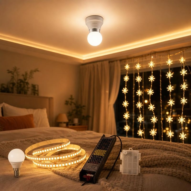 Čarobna rasvjeta za spavaću sobu: 10m LED traka + svjetlosni niz pahuljice + P45 LED žarulja