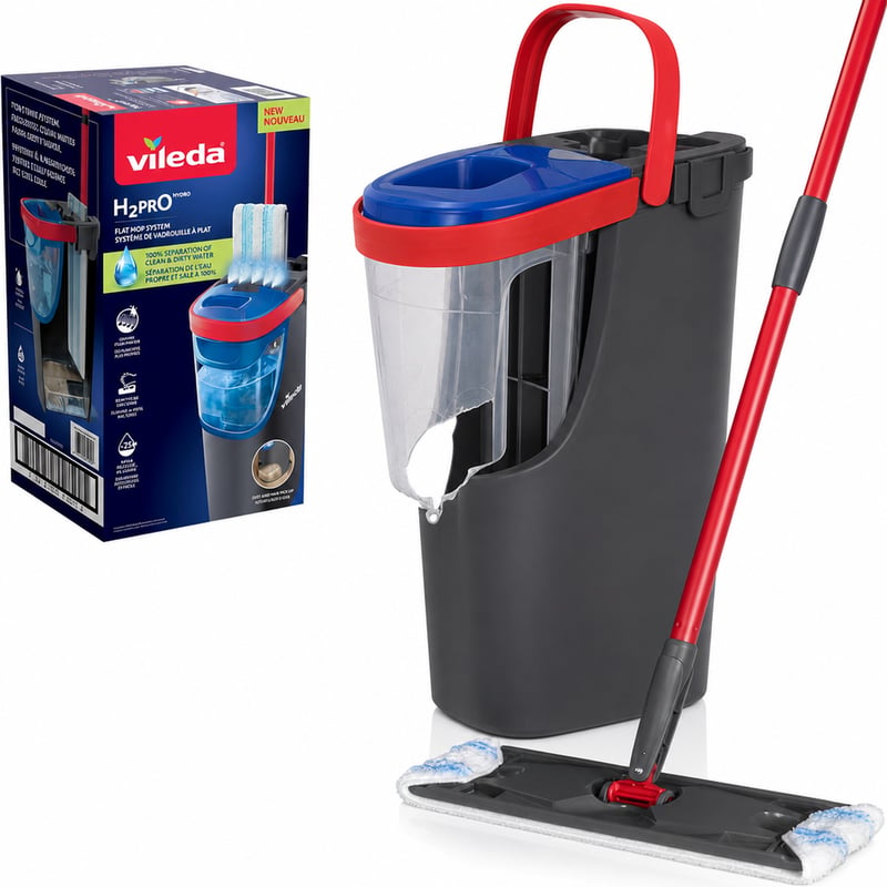Set mop plat Vileda H2PrO cu găleată, microfibră, cu două compartimente — defect, pentru piese: rezervorul este spart (stare: vezi a 2-a poză)