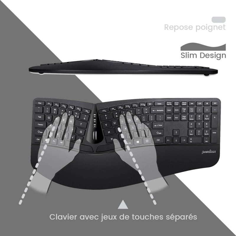 Perixx Periduo-605 Ergonomikus Vezeték Nélküli Billentyűzet és Egér Szett - Függőleges Egér Dönthető Görgővel, Állítható Csuklótámasszal, Wi