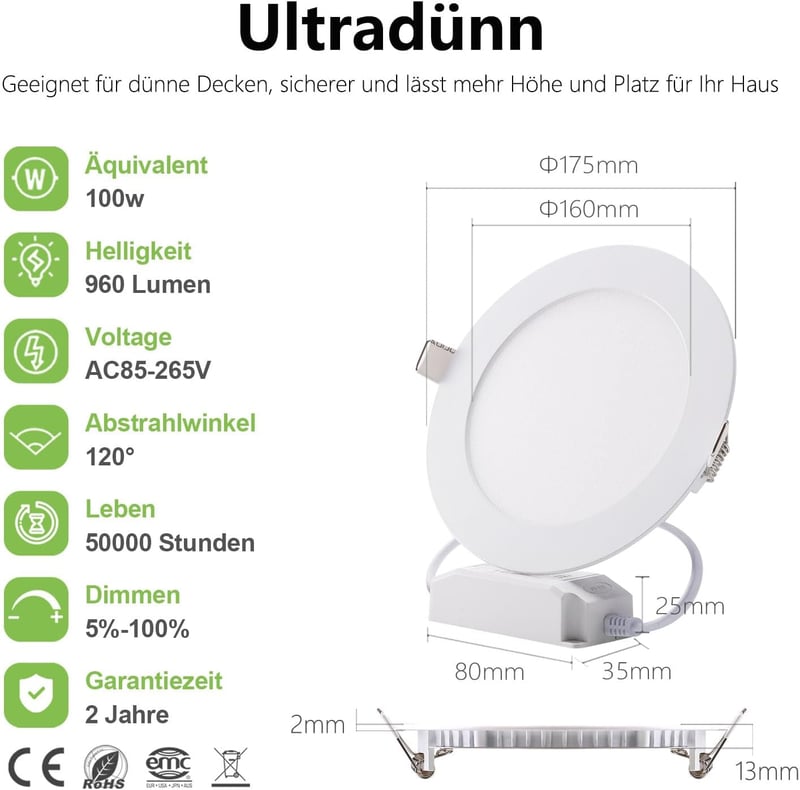 Greenclick 230V Süllyesztett LED Spotlámpa Szett, Dimmelhető, 5x12W, 960LM, Ultra Lapos (13mm), IP44 Vízálló, Meleg Fehér, Fürdőszobába, Kon