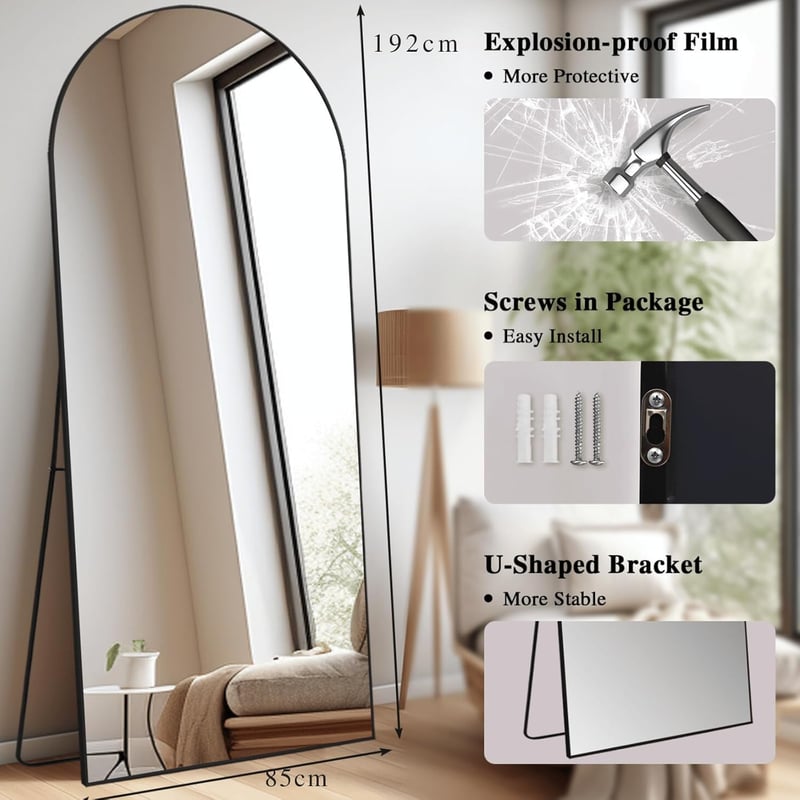 LunaMirror Ívelt Álló Tükör 192x85 cm - Teljes Alakos Padlótükör Hálószobába, Nappaliba - Fekete Alumínium Kerettel, Nano Üveg