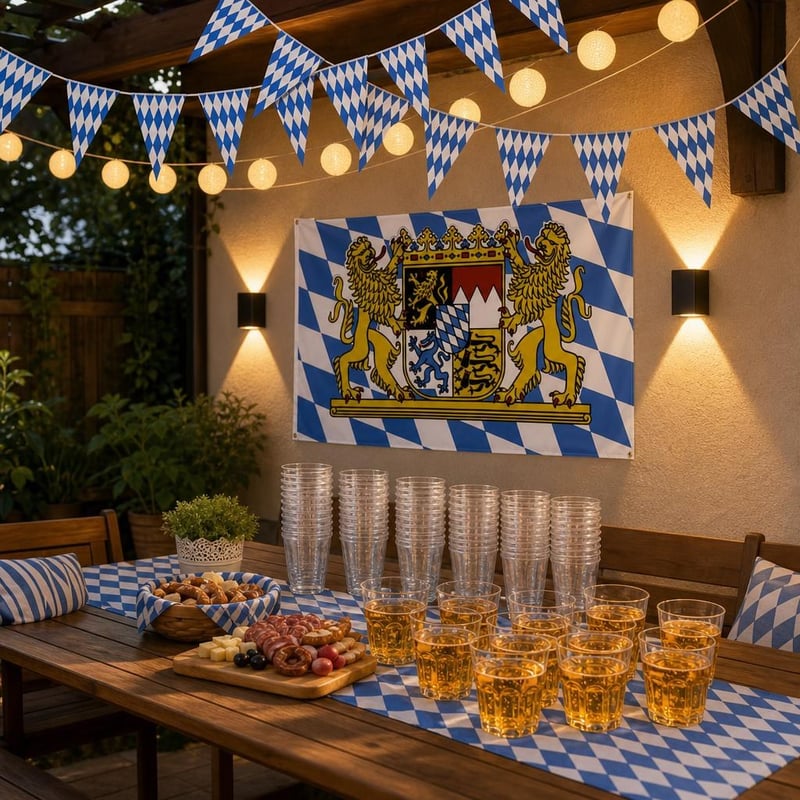 Oktoberfest set za terasu: zastavice + zastava + 40 čaša + LED lampice + 2 zidne lampe