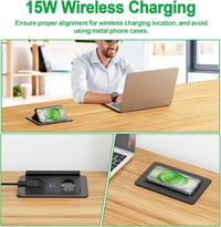 HANNELORE Süllyeszthető Asztali Elosztó 2 Aljzattal, 20W USB-C PD Gyorstöltővel és 15W Vezeték Nélküli Töltővel, 1,8m Kábel, Fekete 9