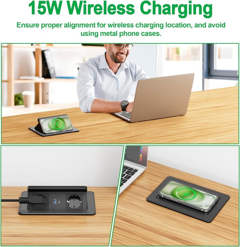 HANNELORE Süllyeszthető Asztali Elosztó 2 Aljzattal, 20W USB-C PD Gyorstöltővel és 15W Vezeték Nélküli Töltővel, 1,8m Kábel, Fekete