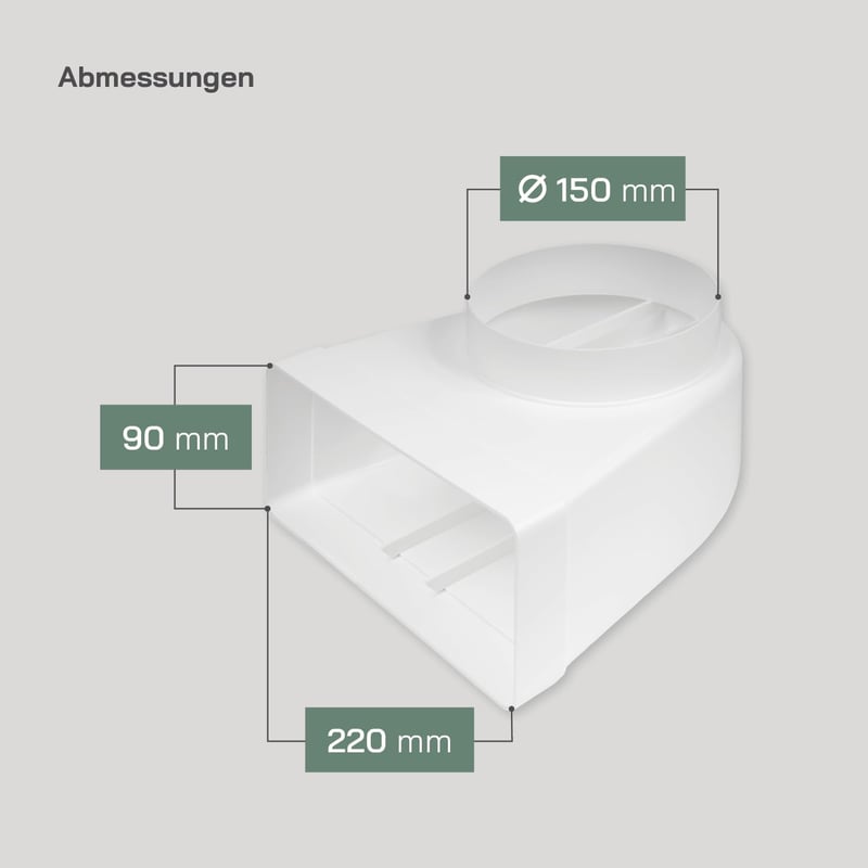 Vent Systems 90 fokos szögletes-kör alakú légcsatorna átalakító, 220x90 mm téglalap alakú csőről Ø150 mm kerek csőre, szellőztető rendszerek