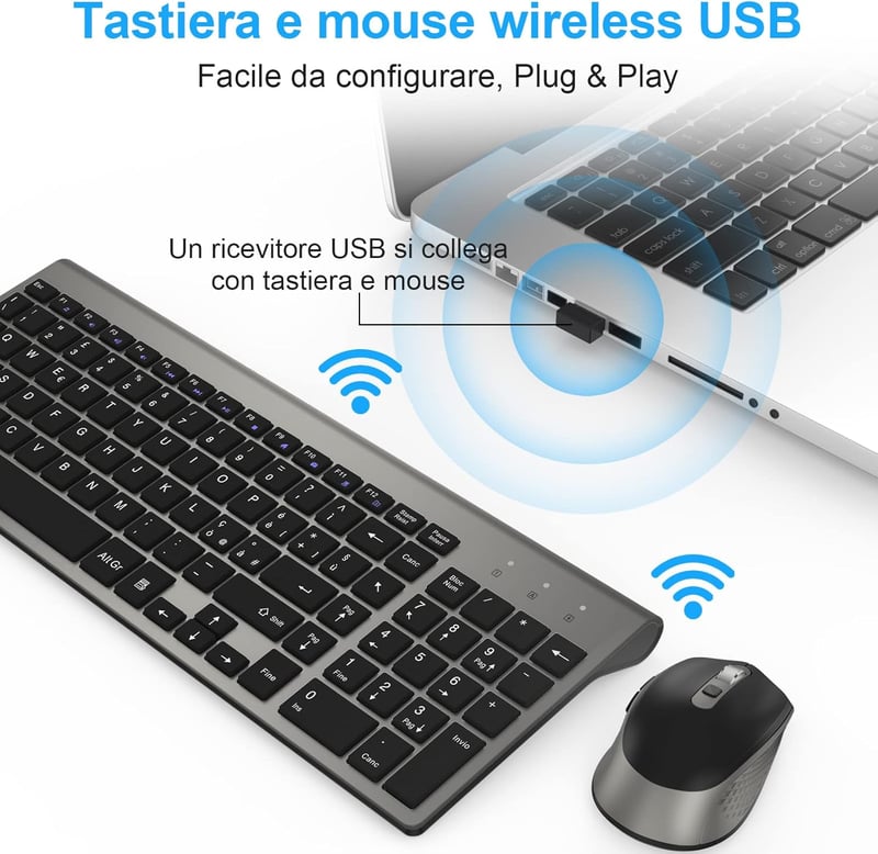 Olasz QWERTY vezeték nélküli billentyűzet és egér szett, ergonomikus, Windows/PC/Laptop