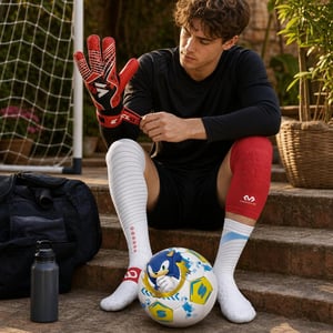 Golmanski set za trening: rukavice + 2x kompresijski štitnik koljena + kompresijske čarape + nogometna lopta