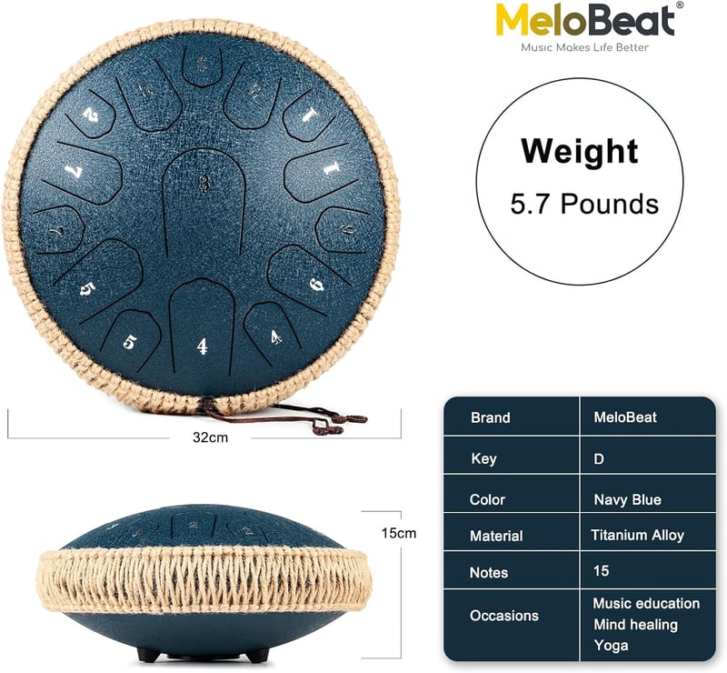MeloBeat Tongue Drum 33 cm 15 Hangú - Professzionális Acél Handpan D-dúrban, Dalkönyvvel, Ütőkkel és Hordtáskával (Sötétkék)