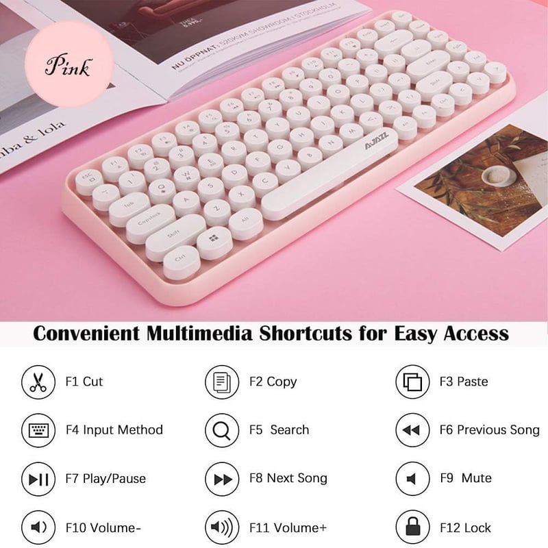 FELiCON 308i Rózsaszín Retro Bluetooth Billentyűzet - Csendes, Kompakt, 84 Gombos, Írógép Dizájn
