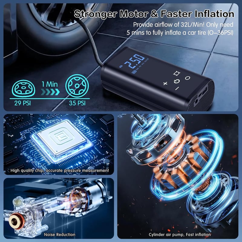 YUGUANG 150 PSI elektromos légpumpa 6000 mAh akkumulátorral, érintőképernyő és LED világítás