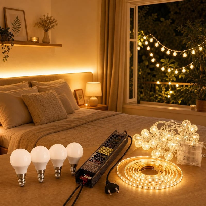 Čarolija svjetla za spavaću sobu: 1x E14 LED žarulja + 10m LED traka + 6m svjetlosni niz s kuglicama