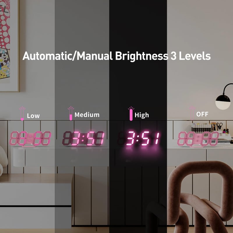 COVERY 3D LED digitális falióra 25,4 cm-es számokkal, éjjeli fénnyel, lányoknak